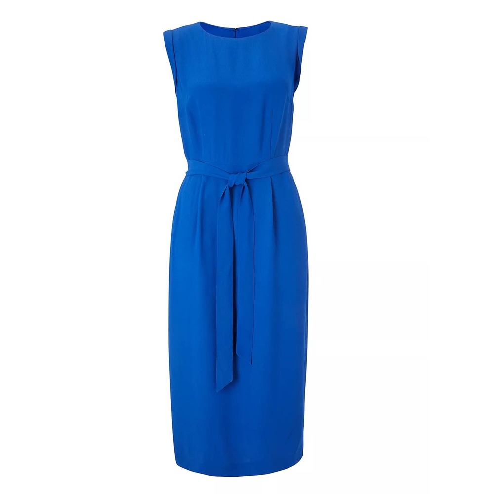 New Boden Womens 16 Camille Belted Midi Sheath Dress Bright Blue Silky Viscose